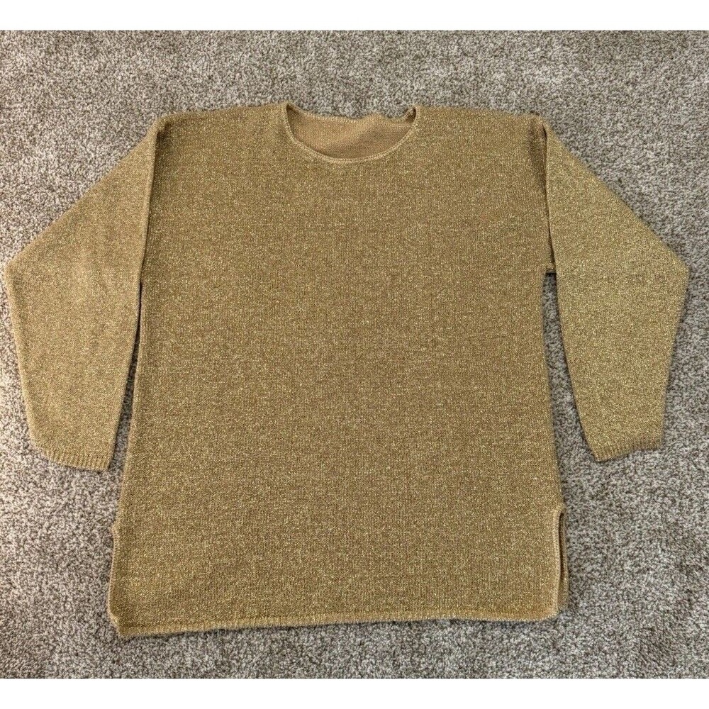 Women’s Gold Metallic Knit Sweater L Long Sleeve Crew Neck Side Slit Shimmer